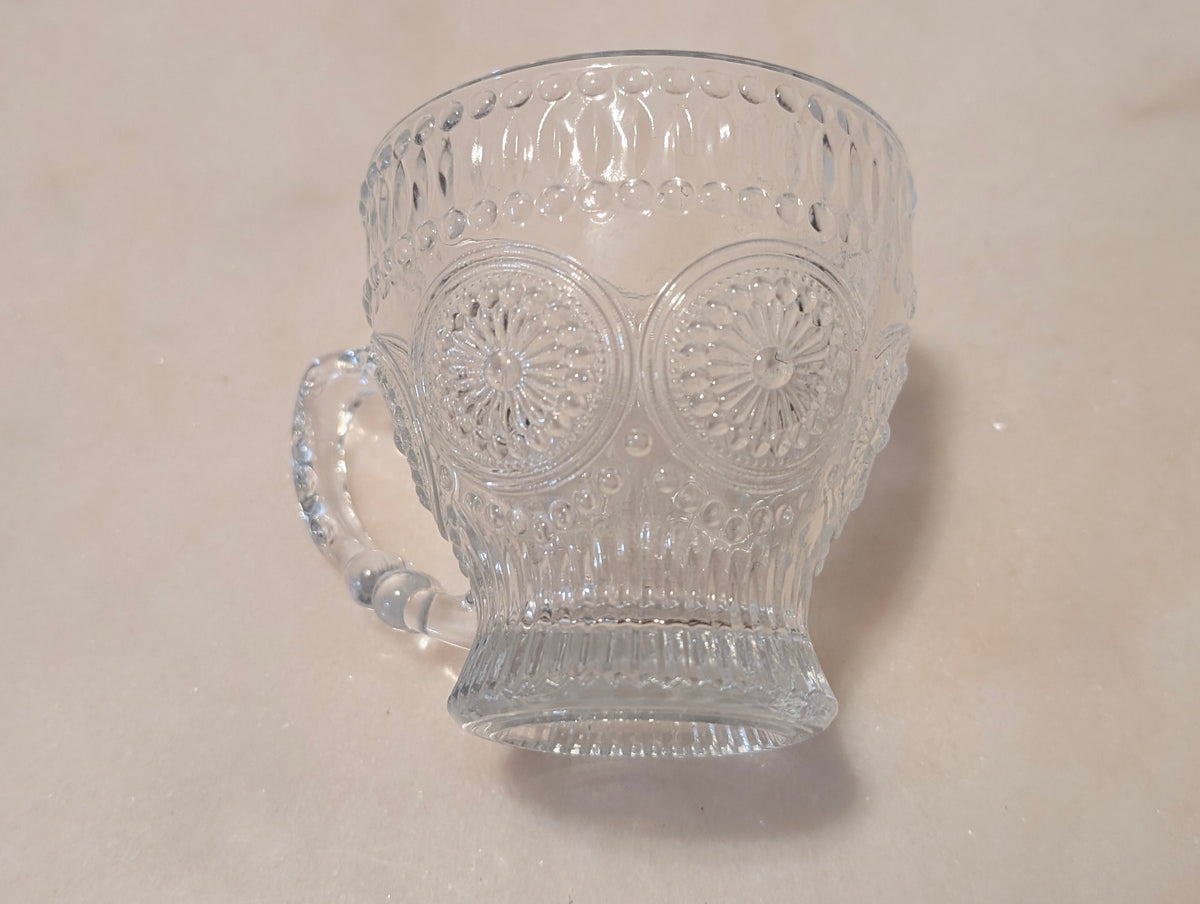 Vintage Clear Pressed Glass Teacup & Saucer Set Thumbprint Floral Pattern