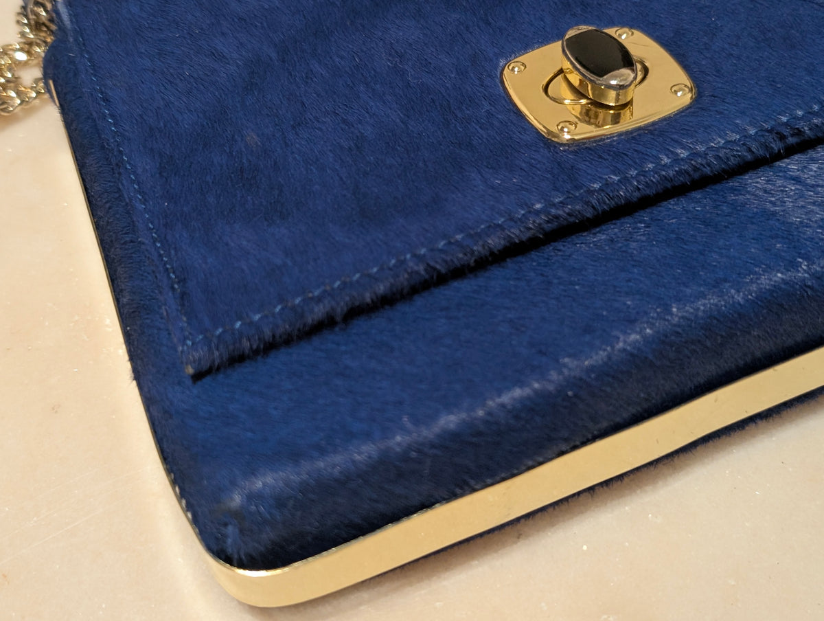 Gianni Bini Royal Blue Genuine Cowhair Leather Clutch Crossbody Bag Gold