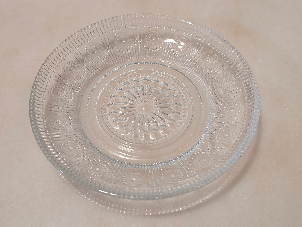 Vintage Clear Pressed Glass Teacup & Saucer Set Thumbprint Floral Pattern