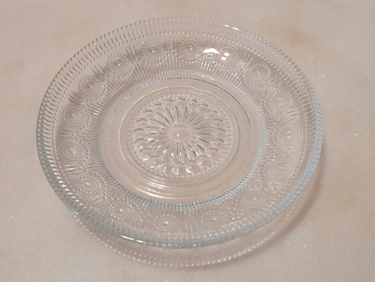 Vintage Clear Pressed Glass Teacup & Saucer Set Thumbprint Floral Pattern