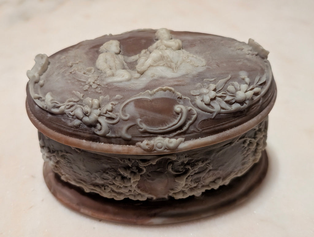 Vintage Genuine Incolay Stone Oval Jewelry Trinket Box Hinged Lid Handcrafted USA Cherubs