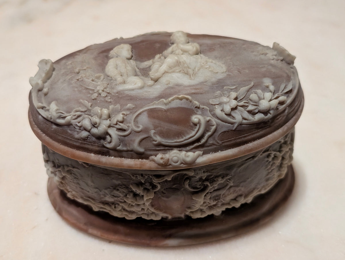 Vintage Genuine Incolay Stone Oval Jewelry Trinket Box Hinged Lid Handcrafted USA Cherubs