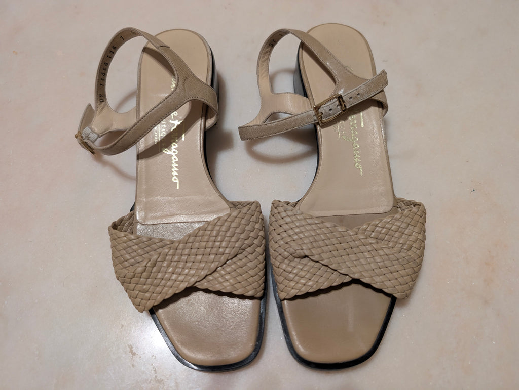 Salvatore Ferragamo Woven Leather Sandals Beige Italy Size 7B
