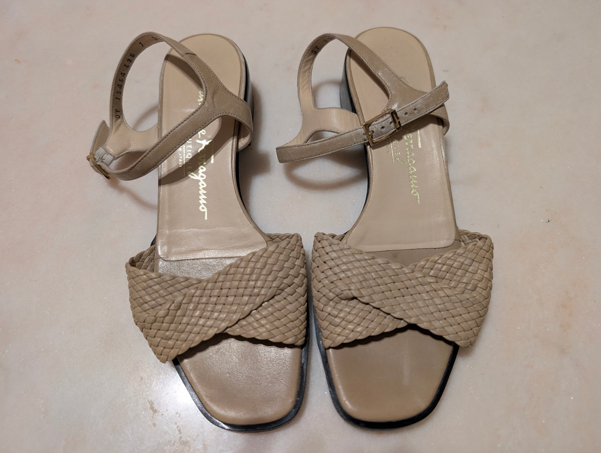 Salvatore Ferragamo Woven Leather Sandals Beige Italy Size 7B