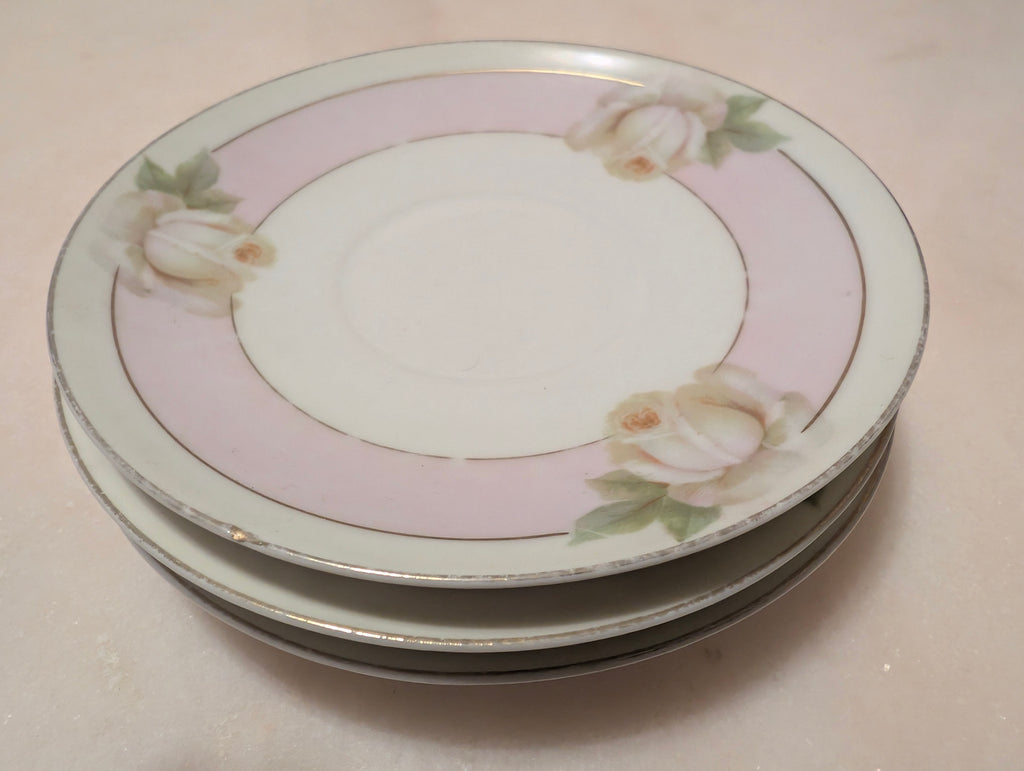 Antique Royal Rudolstadt Prussia Hand Painted Floral Saucers Set of 3 Pink Rose Gold Trim