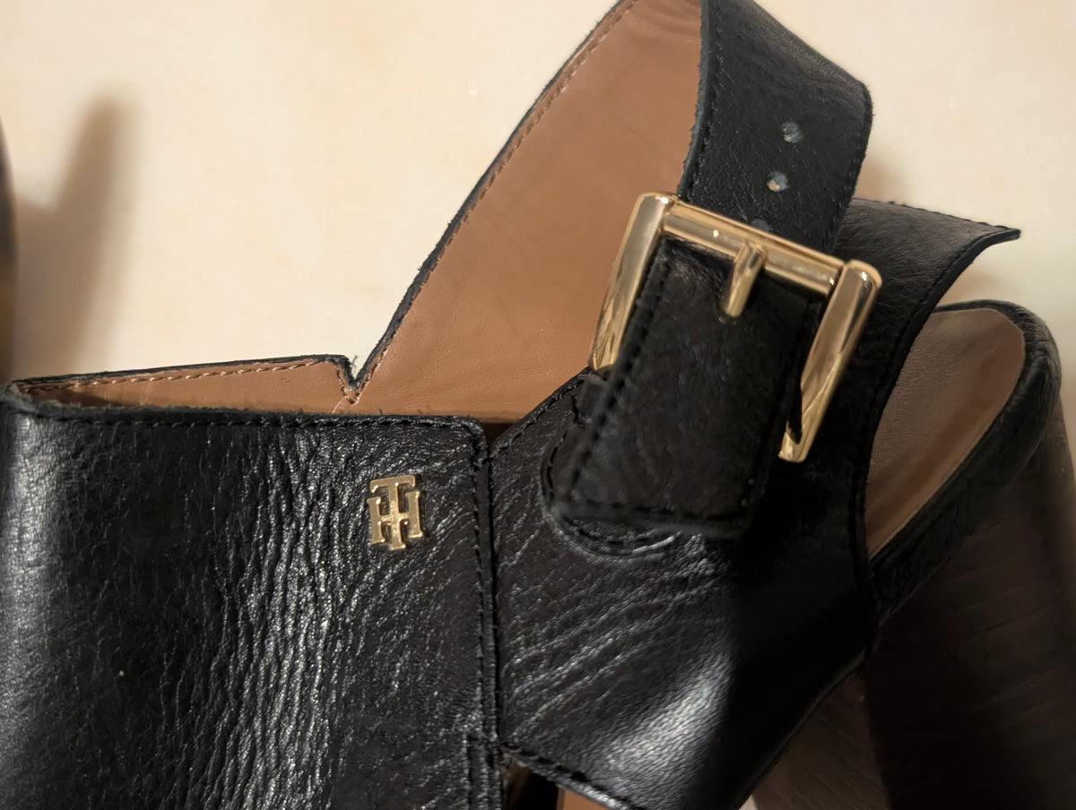 Tommy Hilfiger Black Leather Peep Toe Slingback Block Heel Sandals Women's 9.5M