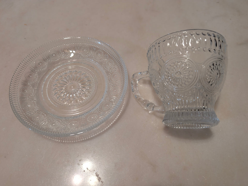 Vintage Clear Pressed Glass Teacup & Saucer Set Thumbprint Floral Pattern