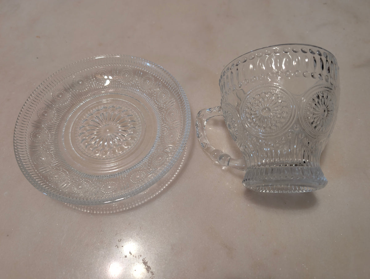 Vintage Clear Pressed Glass Teacup & Saucer Set Thumbprint Floral Pattern
