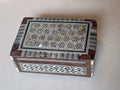 Syrian Style Mother of Pearl Inlay Wood Jewelry Trinket Box Red Velvet Lined