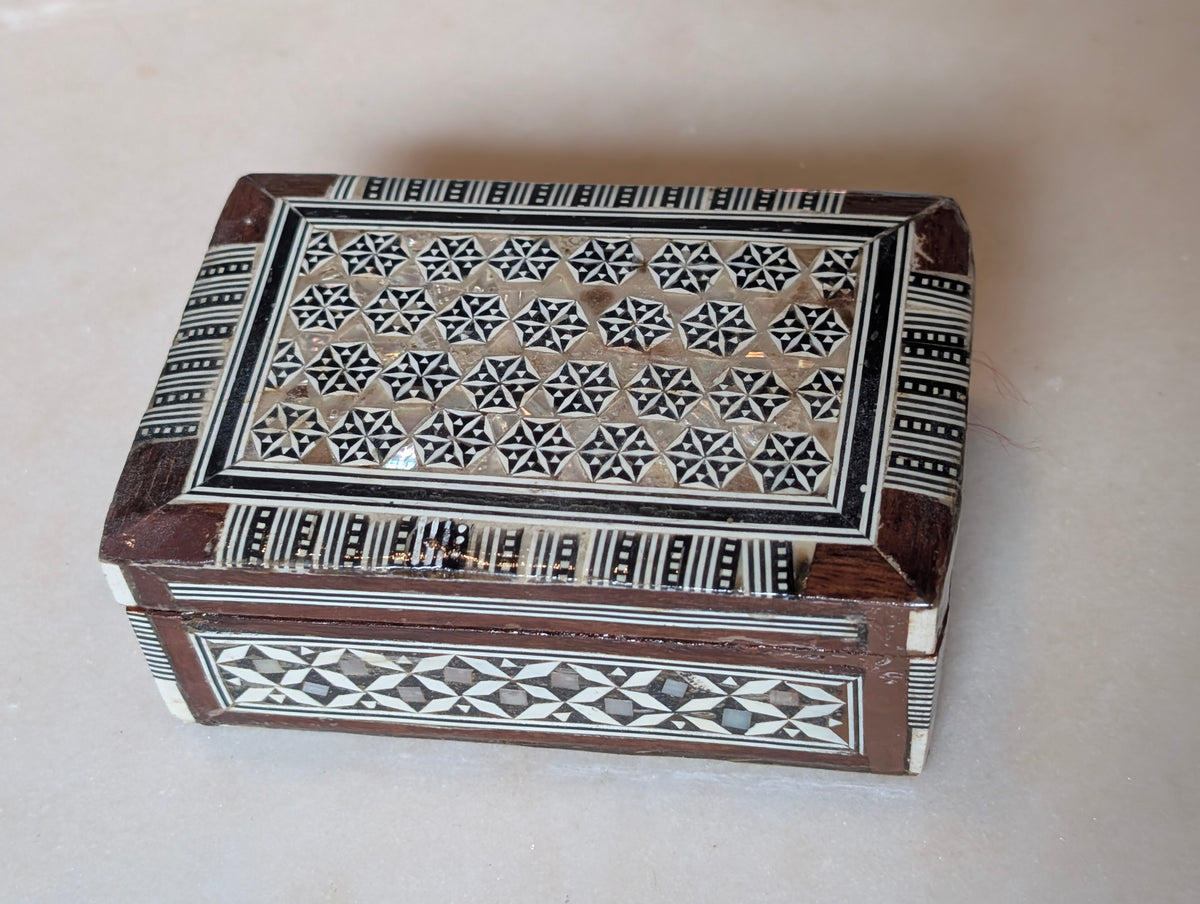 Syrian Style Mother of Pearl Inlay Wood Jewelry Trinket Box Red Velvet Lined