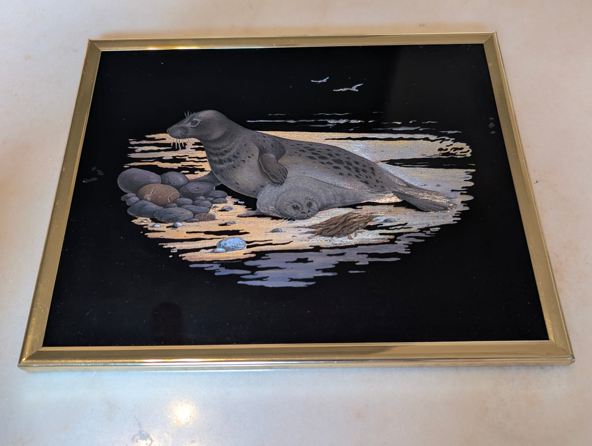 1985 Kafka Industries #4215 Harbor Seal & Pup 3D Foil Screen Etching Framed