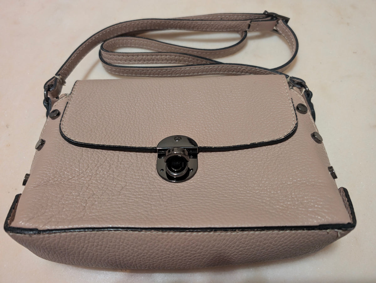 Italian Leather Crossbody Shoulder Bag Taupe Pebbled Leather Made Italy