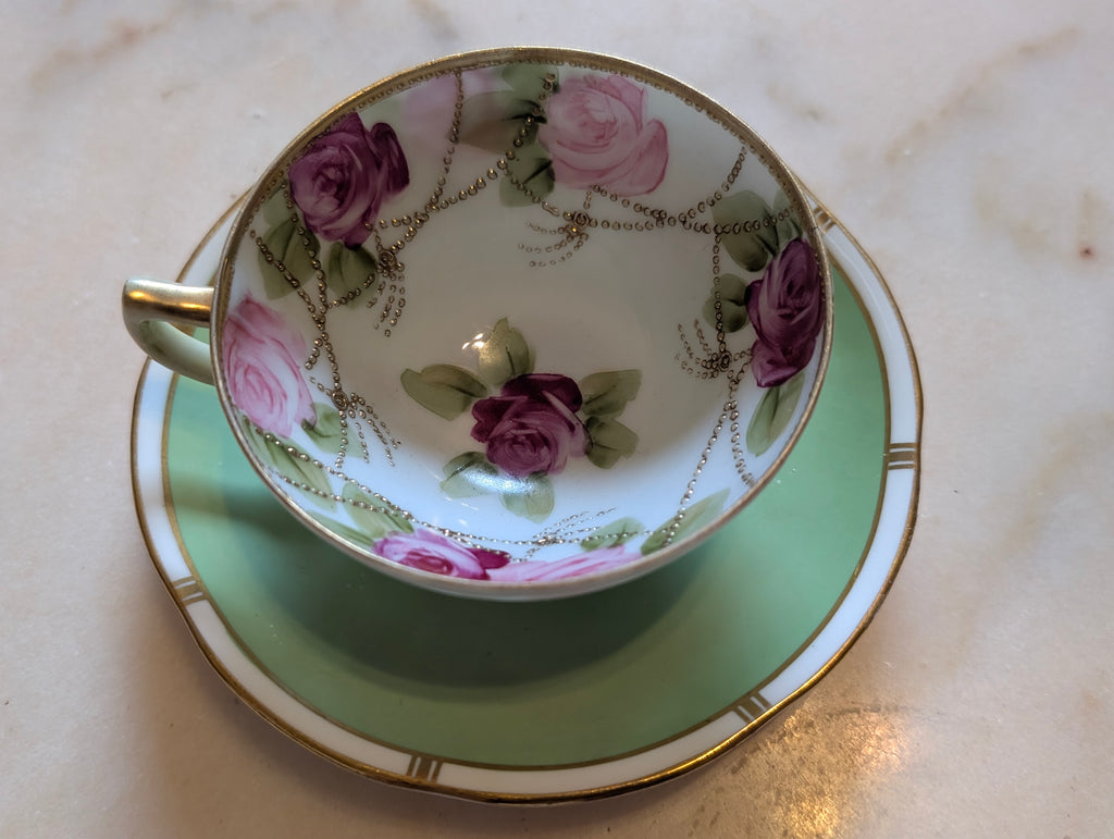 Antique Nippon Hand Printed Porcelain Teacup with Adderley Bone China Saucer – Mismatched Pair