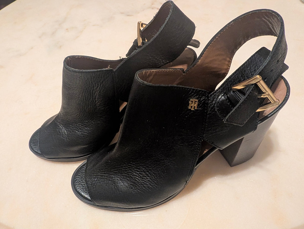 Tommy Hilfiger Black Leather Peep Toe Slingback Block Heel Sandals Women's 9.5M
