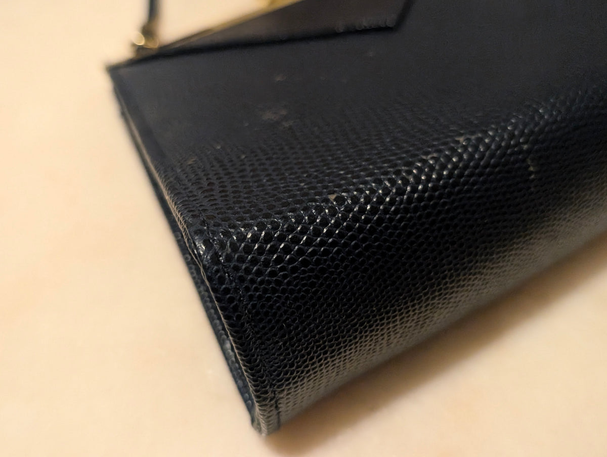 Vintage Black Lizard Embossed Evening Bag Gold Frame Convertible Clutch