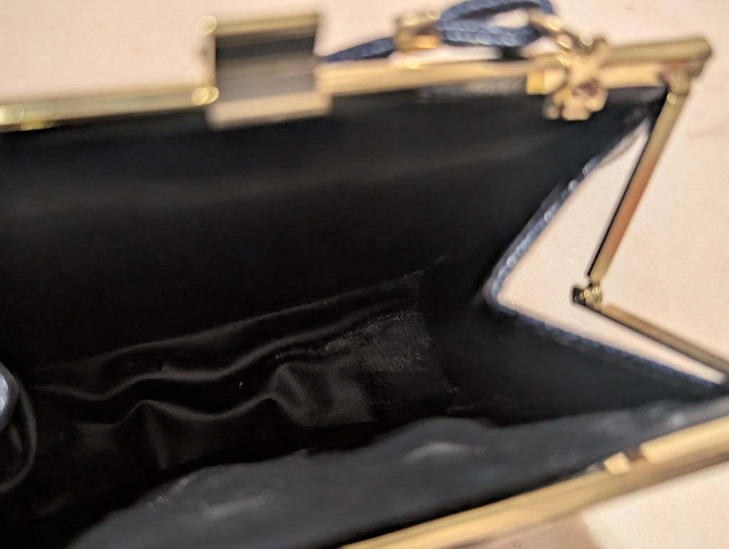 Vintage Black Lizard Embossed Evening Bag Gold Frame Convertible Clutch
