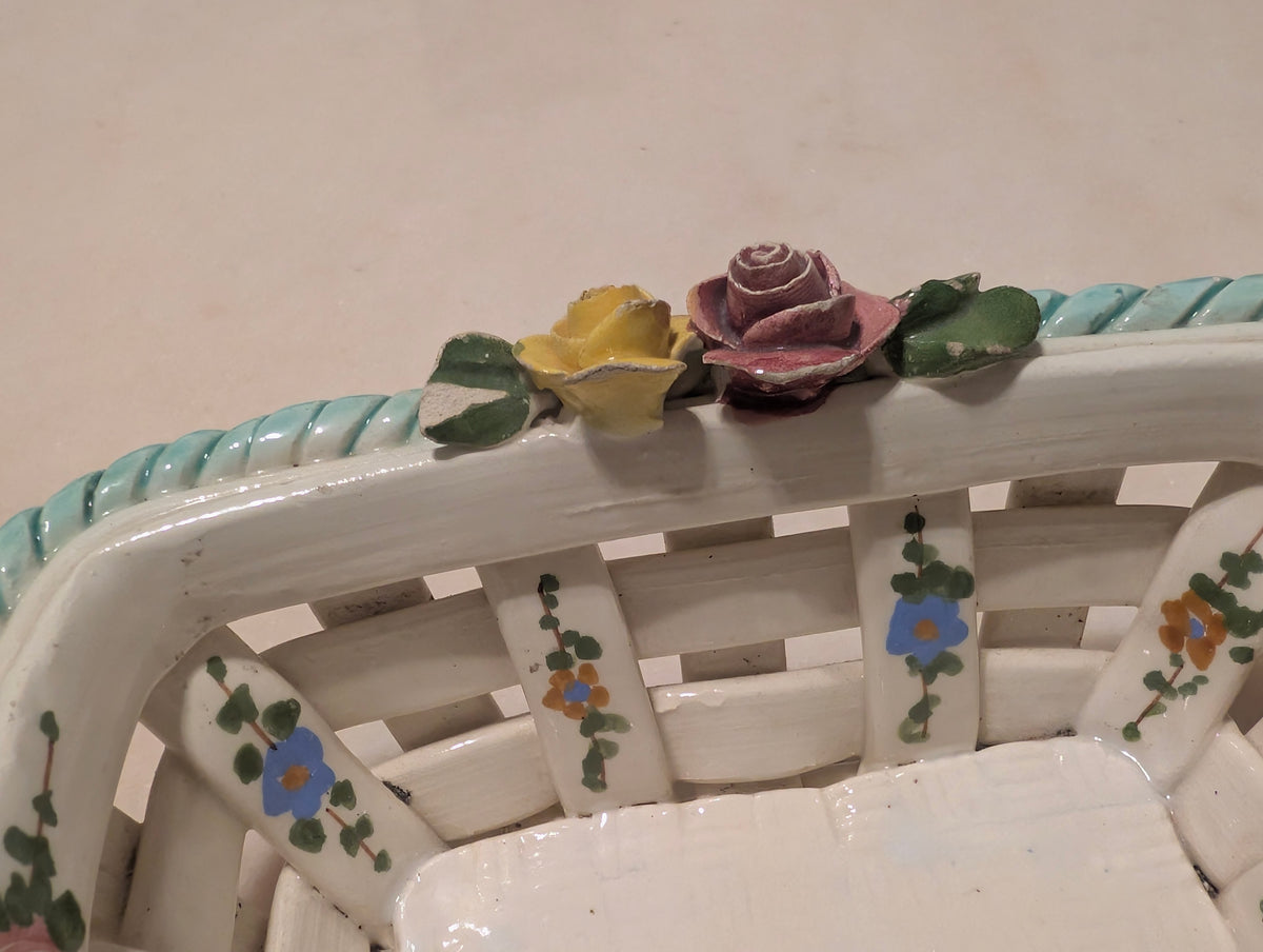 Vintage Hand Painted Italian Ceramic Lattice Basket with Roses and Floral