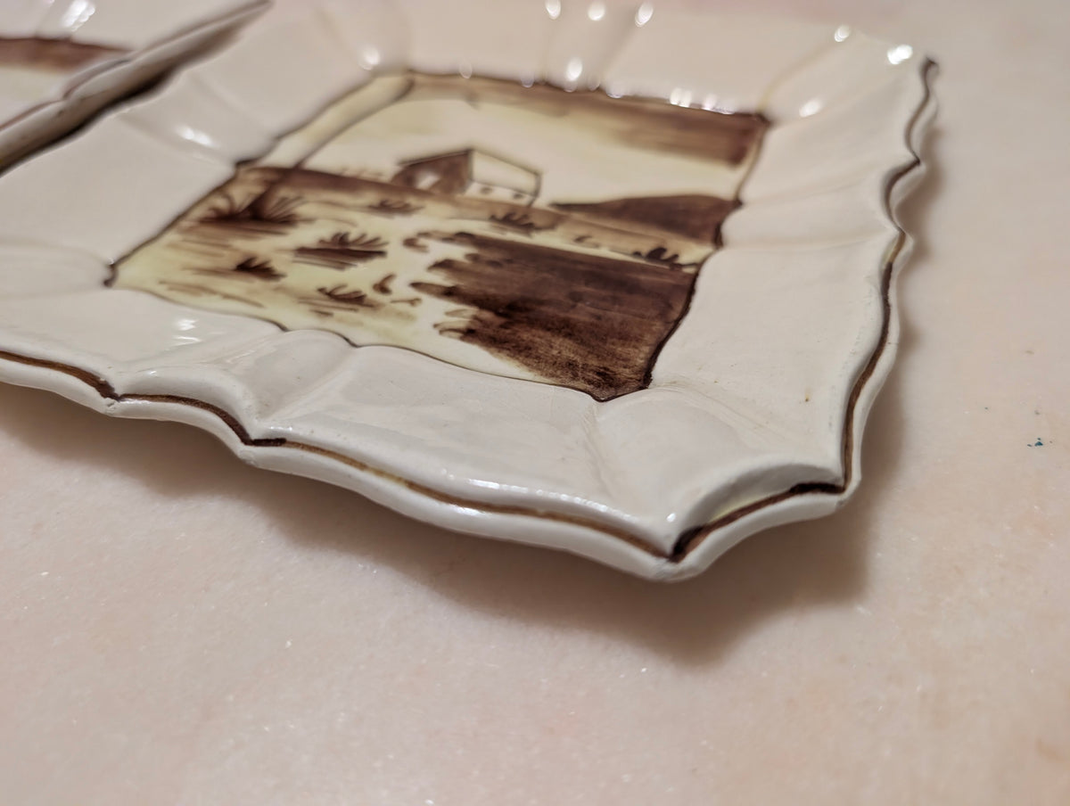 Vintage Italian Hand Painted Ceramic Landscape Plates Set of 2 Scalloped, Made in Italy