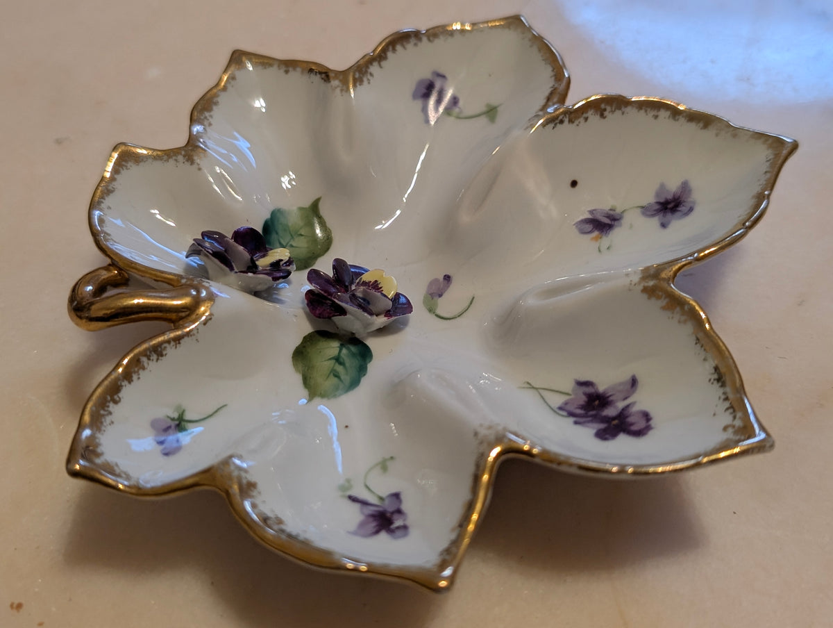 Norcrest Fine China Hand Painted Leaf Dish with Applied Pansies Gold Trim #8/596