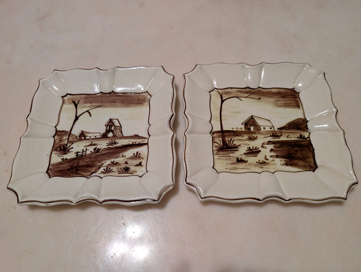 Vintage Italian Hand Painted Ceramic Landscape Plates Set of 2 Scalloped, Made in Italy