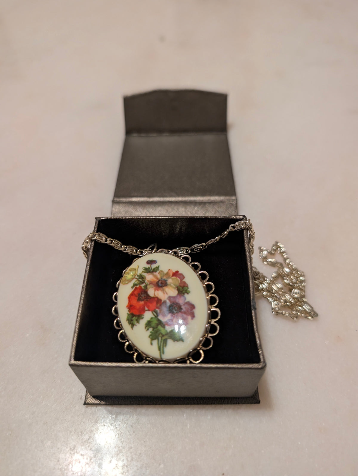 Vintage German Floral Cameo Pendant Necklace & Brooch