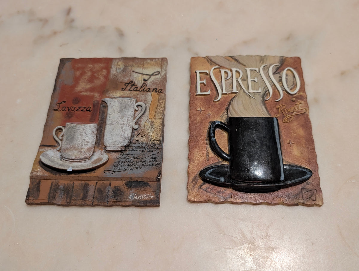 Set of 2 Vintage Italian Coffee Café Wall Plaques 3D Ceramic Espresso Decor