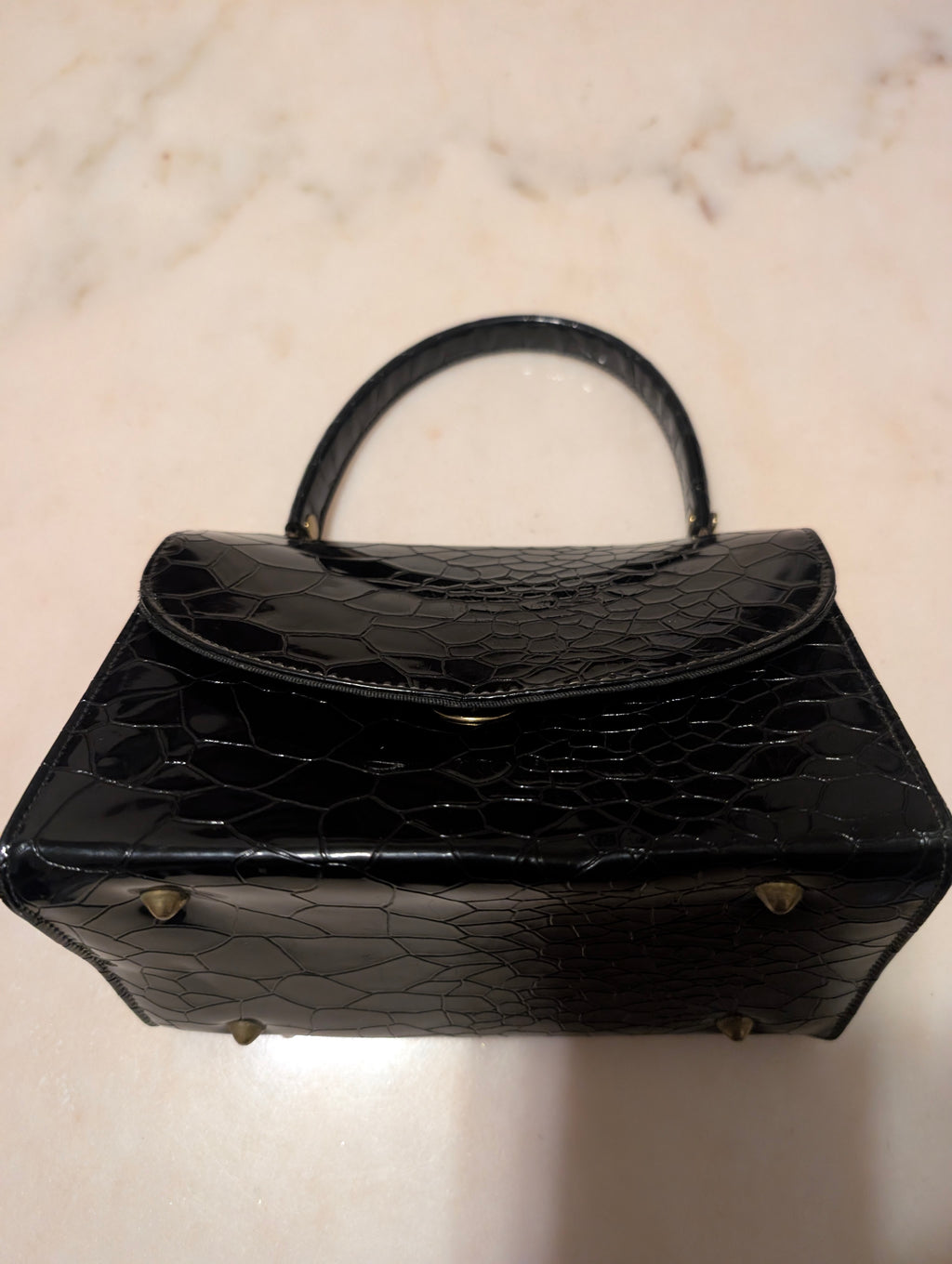 Black Patent Reptile Embossed Top Handle Handbag Mid Century Purse Retro