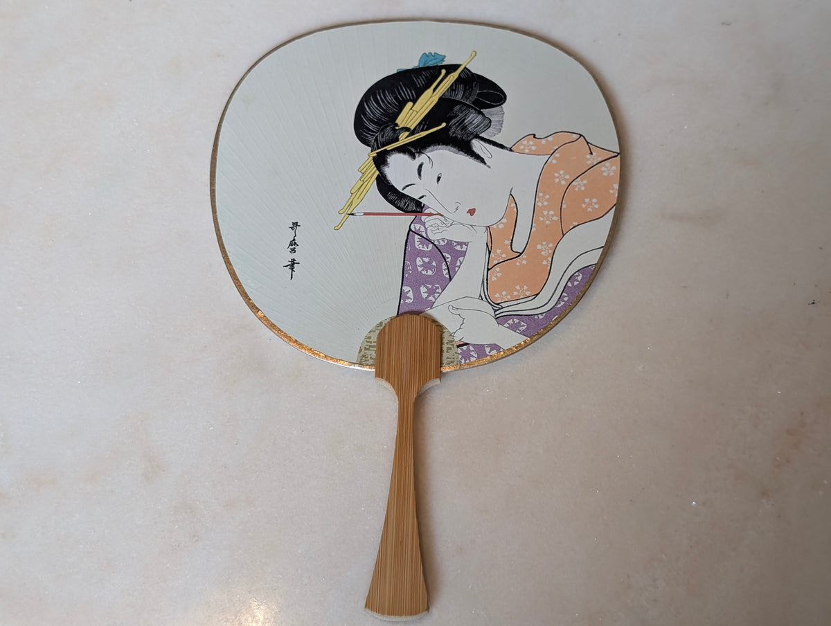 Vintage Japanese Uchiwa Bamboo Hand Fans Pair Geisha Bijin Utamaro Style