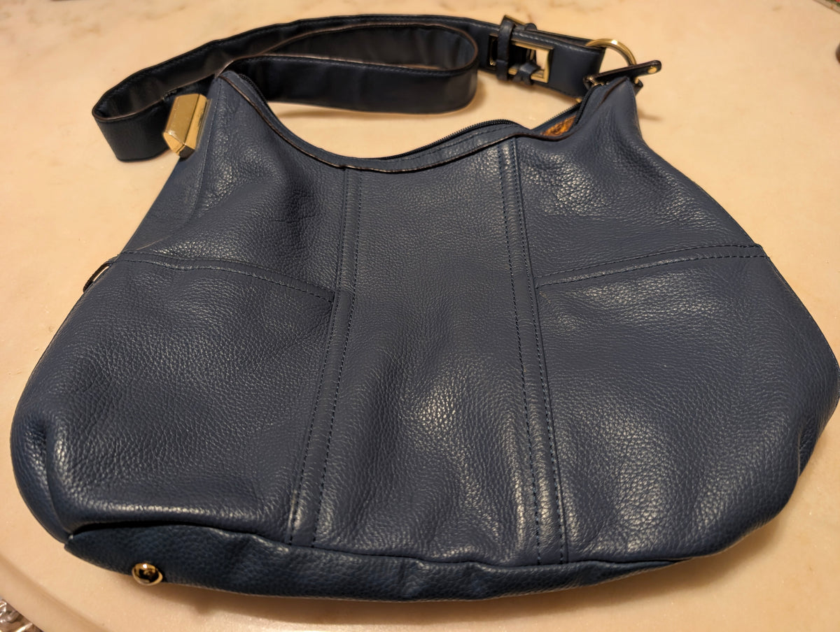 Tignanello Blue Pebbled Leather Boho Shoulder Bag Gold Hardware Large Handbag
