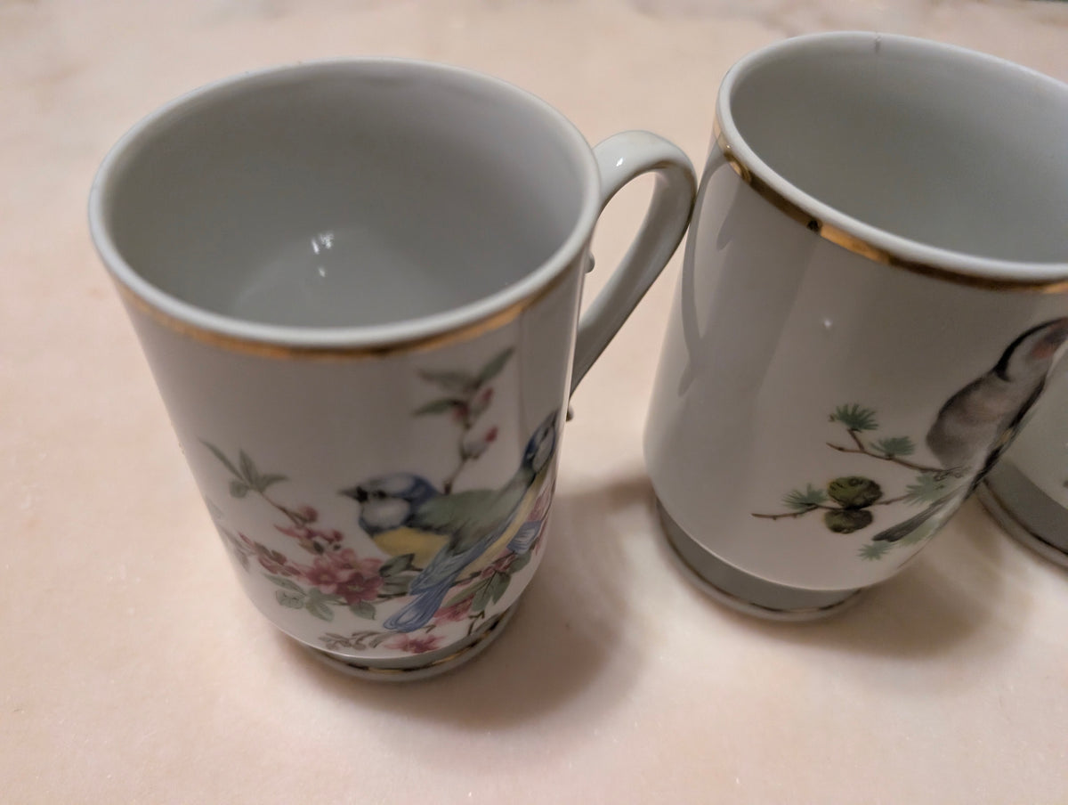 Royal Crown Japan Bird Pedestal Coffee Tea Mugs (3) Gold Trim Porcelain