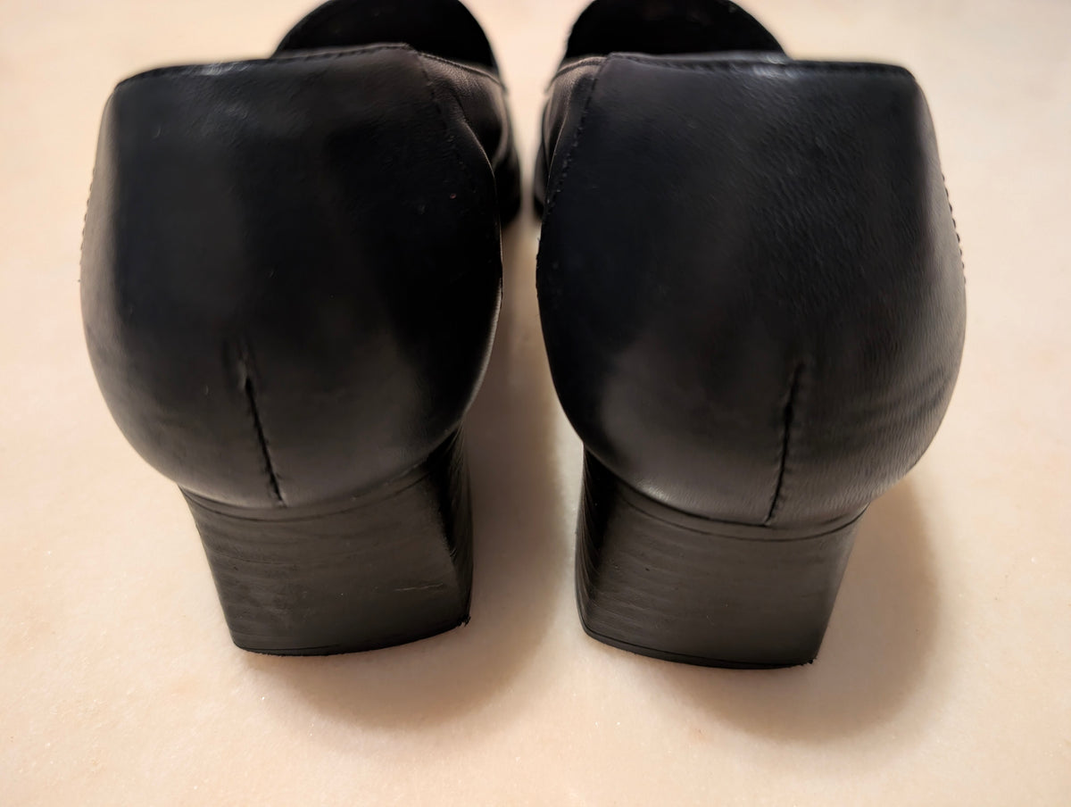 Black Leather Comfort Loafers Square Toe Block Heel Women's Size 6