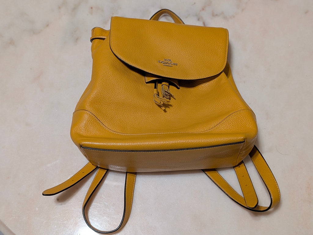 Coach F72645 Mustard Yellow Pebbled Leather Backpack Drawstring Flap Bag