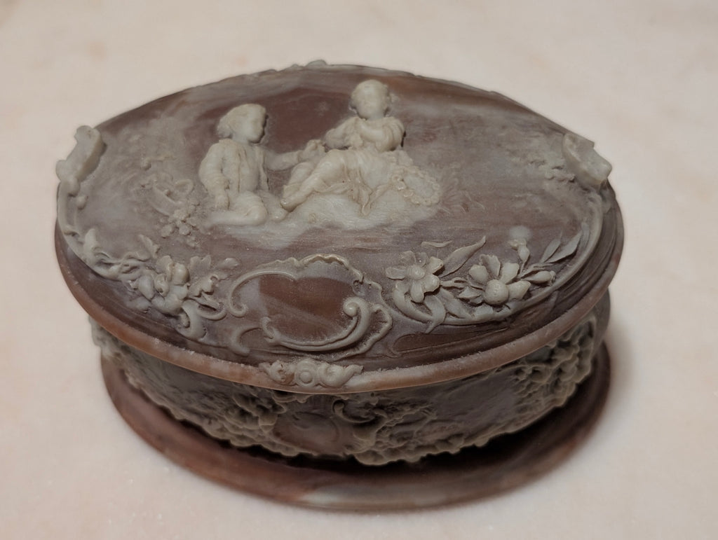 Vintage Genuine Incolay Stone Oval Jewelry Trinket Box Hinged Lid Handcrafted USA Cherubs