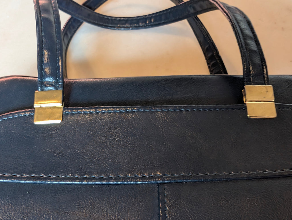 Vintage Navy Blue Frame Handbag Top Handle Purse Structured Bag