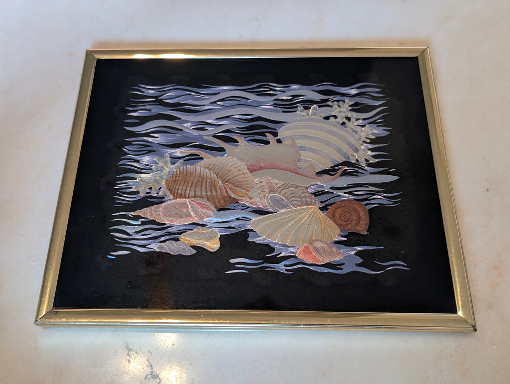 Vintage Kafka Industries #4225 Coastal Seashell Screened Etching Foil Art Framed 1985 USA