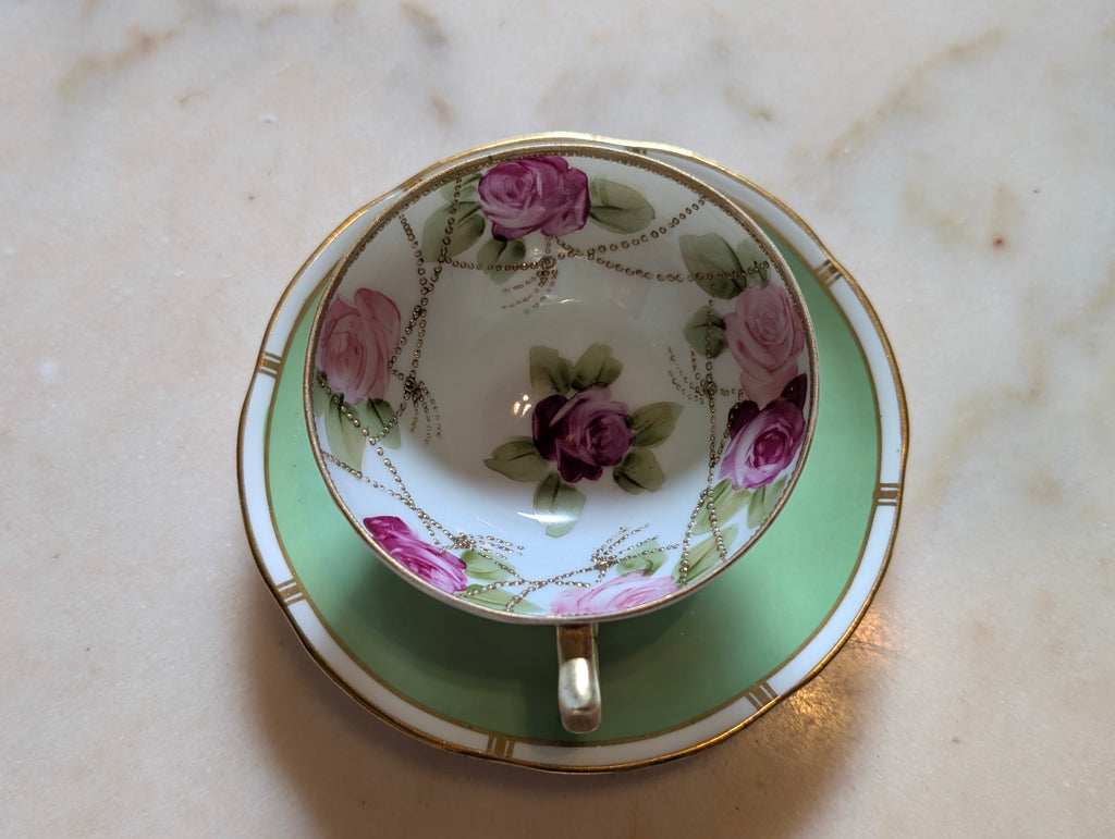 Antique Nippon Hand Printed Porcelain Teacup with Adderley Bone China Saucer – Mismatched Pair