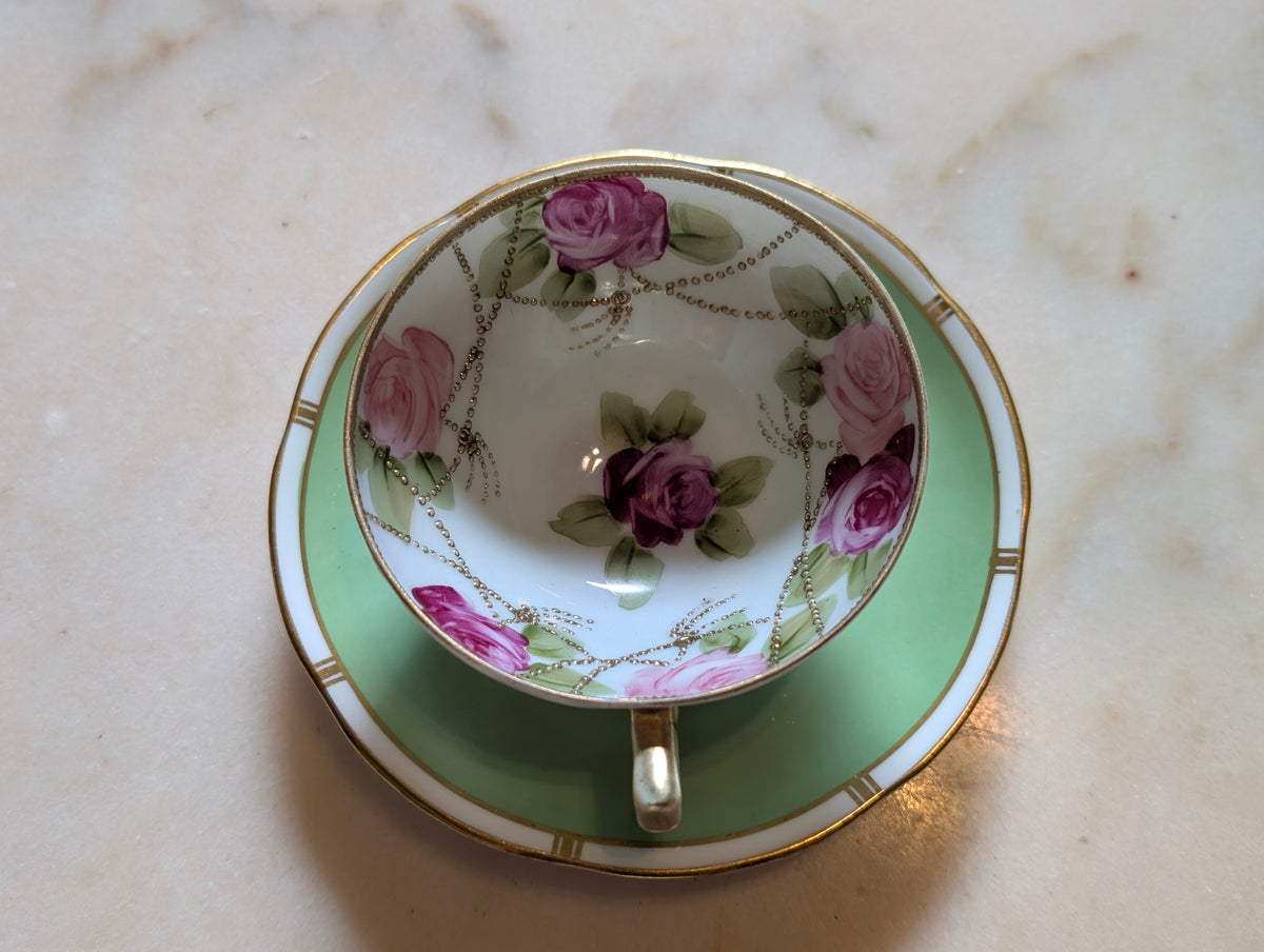 Antique Nippon Hand Printed Porcelain Teacup with Adderley Bone China Saucer – Mismatched Pair