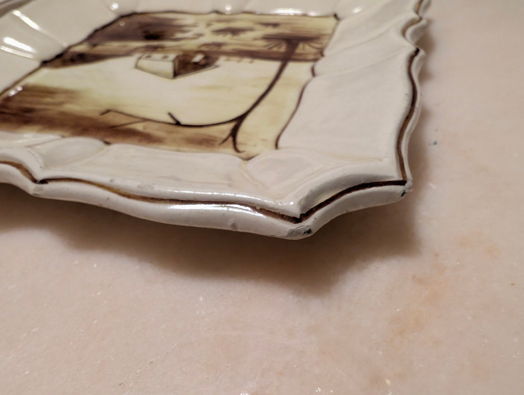 Vintage Italian Hand Painted Ceramic Landscape Plates Set of 2 Scalloped, Made in Italy