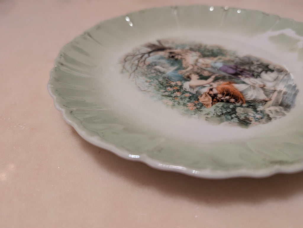 Antique German Porcelain Decorative Bowl Scalloped Green Border Romantic Scene