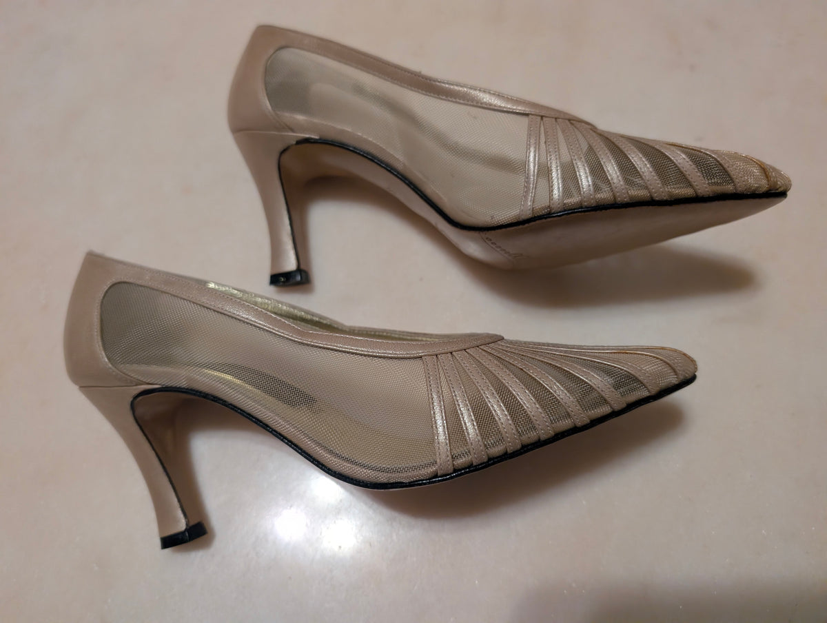 Sesto Meucci Mesh and Leather, Champagne Gold Heel Pumps (size 6 ）made in spain