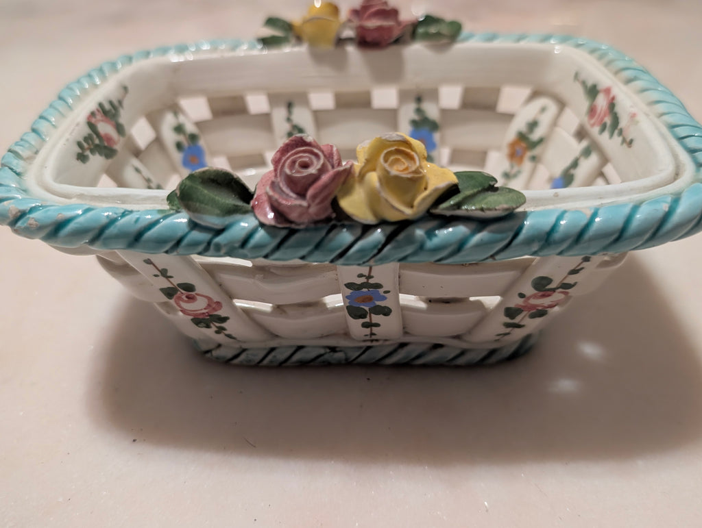 Vintage Hand Painted Italian Ceramic Lattice Basket with Roses and Floral