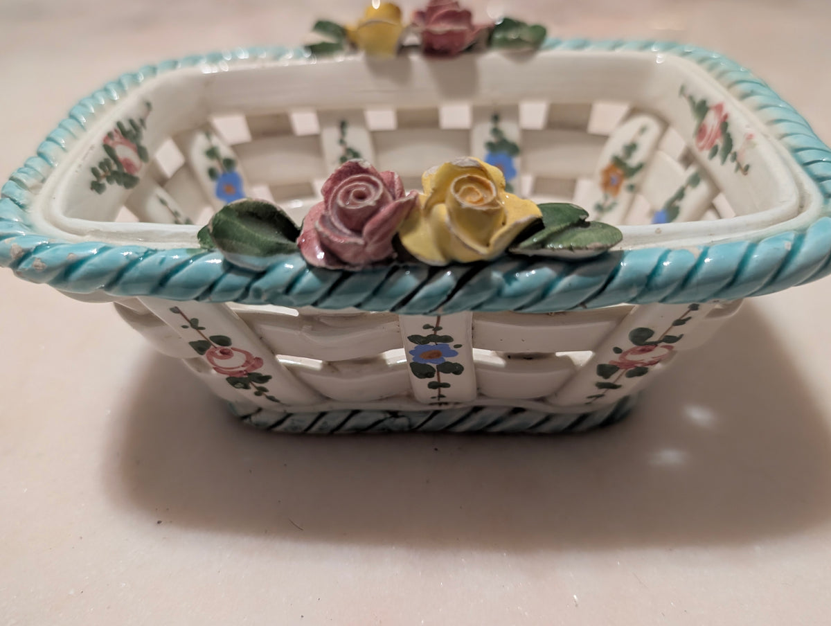 Vintage Hand Painted Italian Ceramic Lattice Basket with Roses and Floral