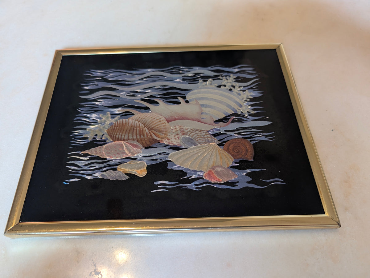 Vintage Kafka Industries #4225 Coastal Seashell Screened Etching Foil Art Framed 1985 USA
