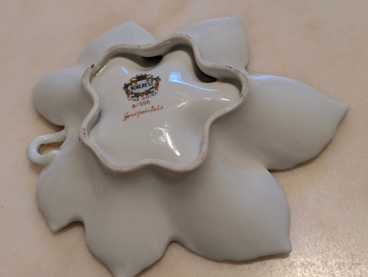 Norcrest Fine China Hand Painted Leaf Dish with Applied Pansies Gold Trim #8/596
