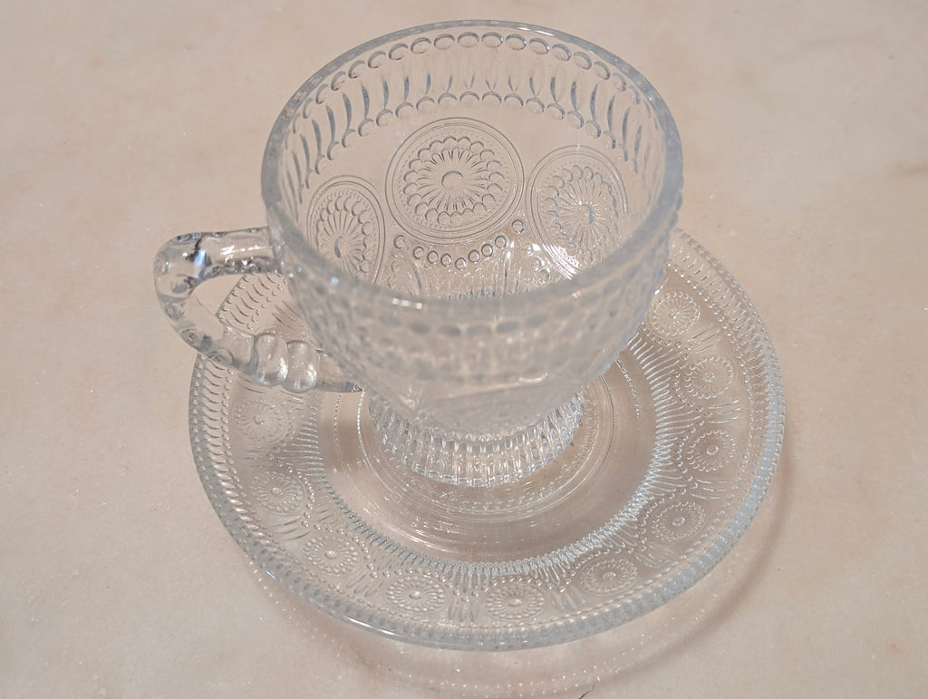 Vintage Clear Pressed Glass Teacup & Saucer Set Thumbprint Floral Pattern