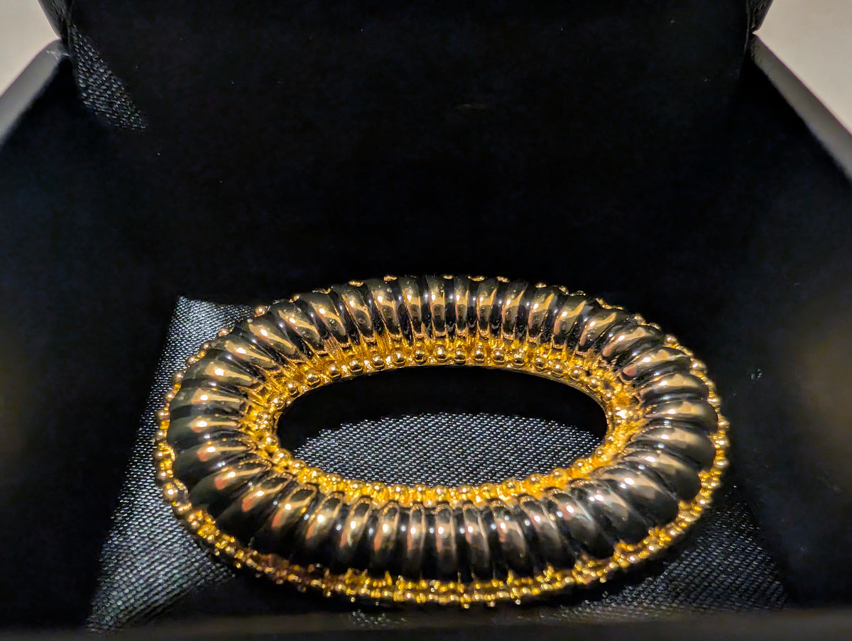 Vintage Black Enamel Gold Tone Oval Brooch