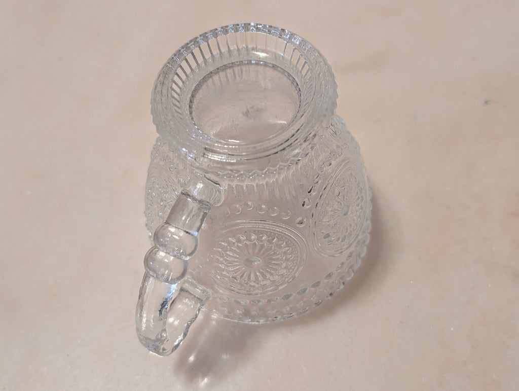 Vintage Clear Pressed Glass Teacup & Saucer Set Thumbprint Floral Pattern