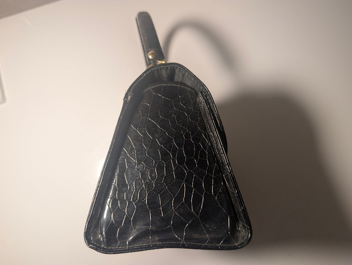 Black Patent Reptile Embossed Top Handle Handbag Mid Century Purse Retro