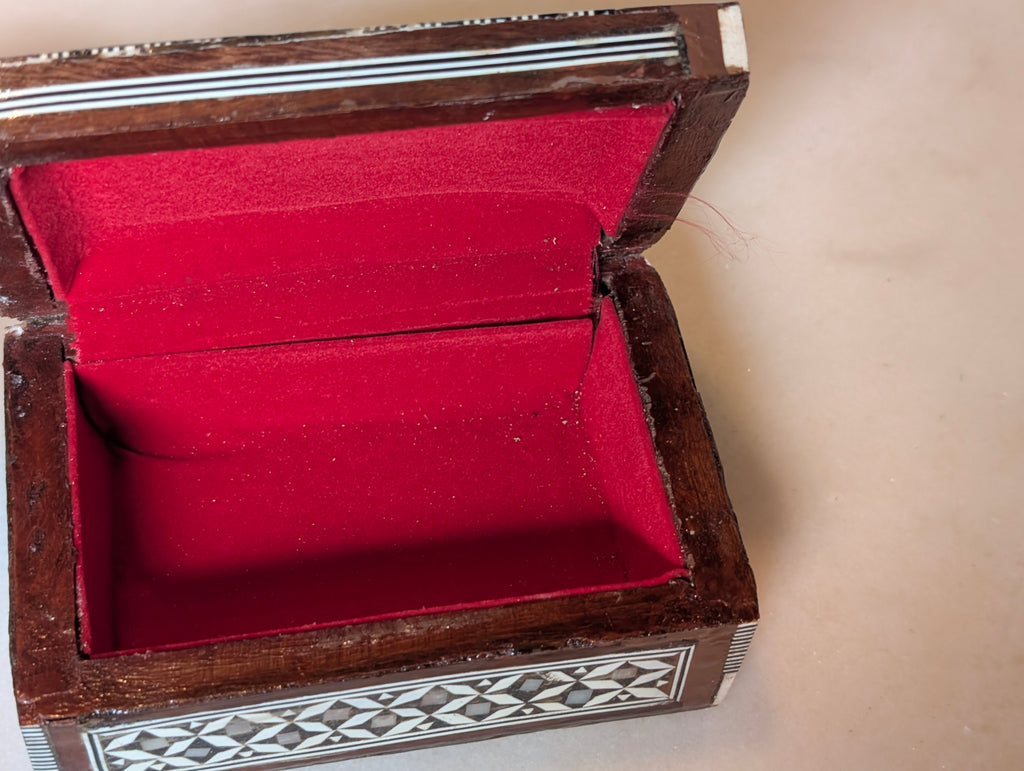 Syrian Style Mother of Pearl Inlay Wood Jewelry Trinket Box Red Velvet Lined