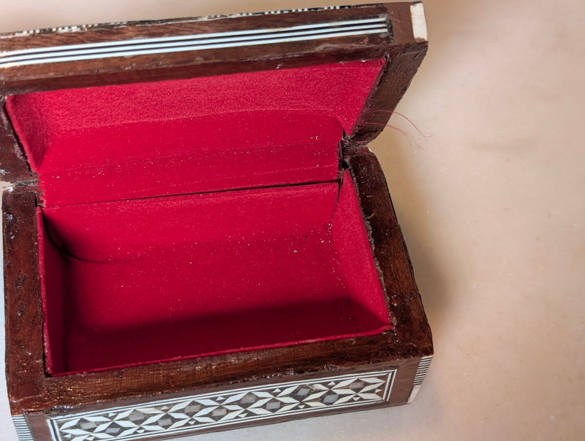 Syrian Style Mother of Pearl Inlay Wood Jewelry Trinket Box Red Velvet Lined